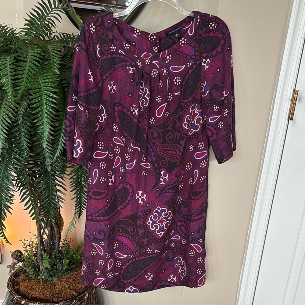 NWOT Banana Republic 100% Silk Shift Dress Beaded Button Up Back Burgundy Mod